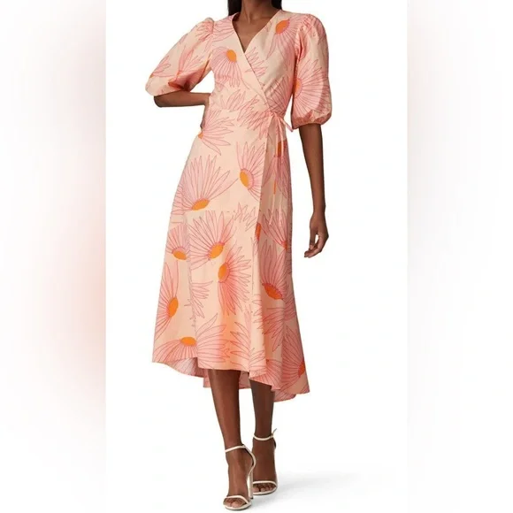 Kate Spade Falling Flower Wrap Midi Dress Pink Orange Puff Sleeve Size 4 - Picture 1 of 16